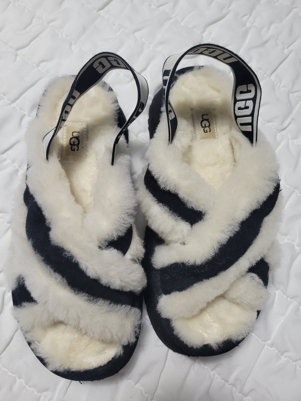 UGG Women's Black and White Shearling Crisscross Slingback Sandals